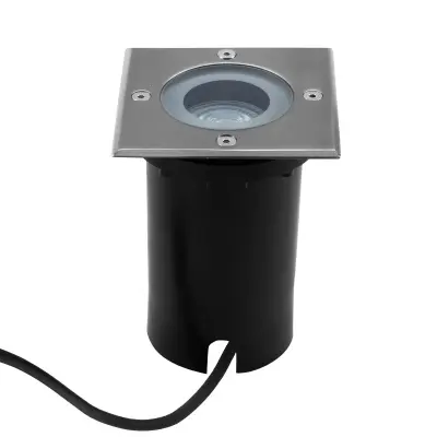 Square recessed LED ground light with stainless steel trim and black cylindrical housing, featuring a visible cable for installation.